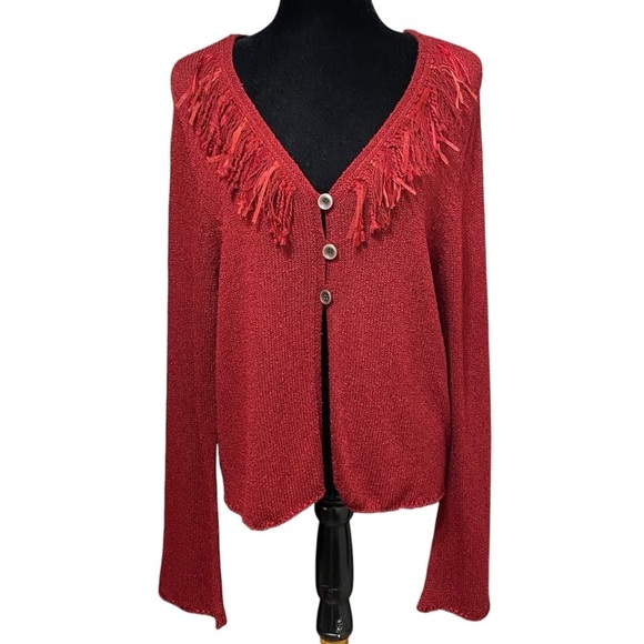 J Jill Red Silk Linen Fringe Cardigan Artsy Boho Sweater Lagenlook Medium - Picture 2 of 8
